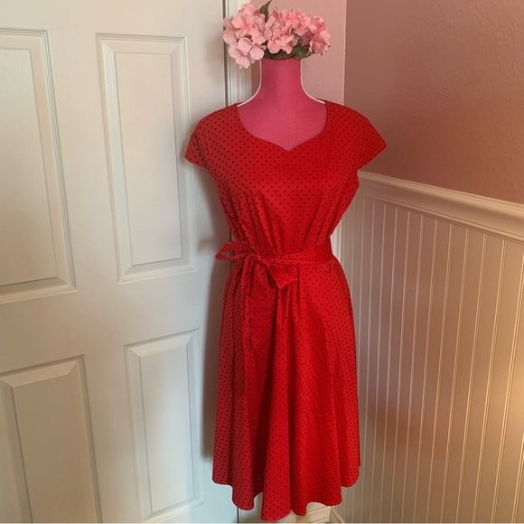 Dress Tells Dresses & Skirts - Retro Style Red Black Polka Dot Cap Sleeve A-Line Modest Dress size XL